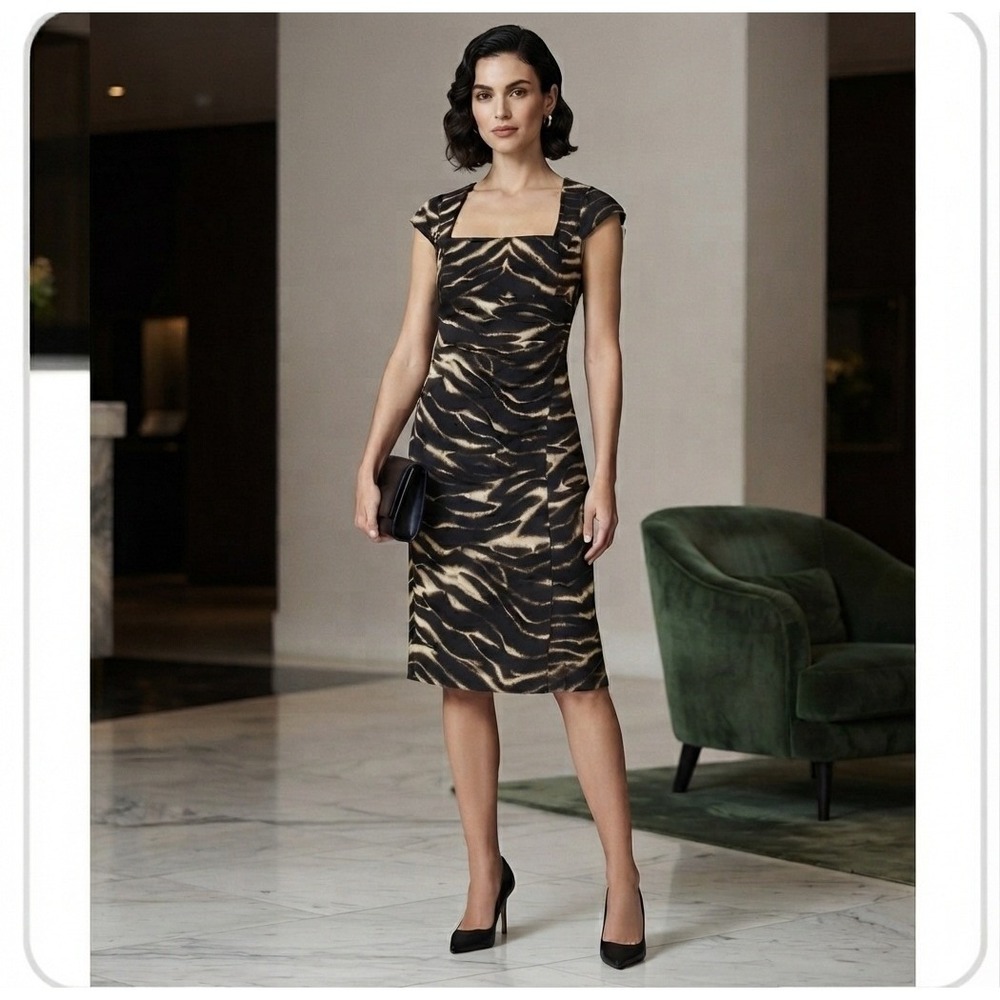 Karen Millen Animal Print Cap Sleeve Square Neck Cocktail Knee-Length Dress 10